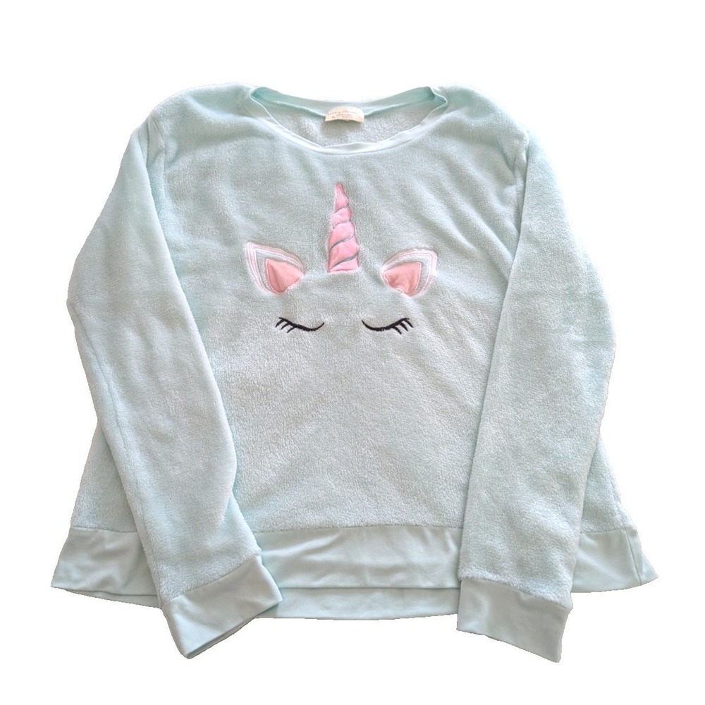 Bobbie Brooks Women Teen XL Unicorn Sky Blue Sleepwear Pajama Fleece Sweater Top - Picture 1 of 5